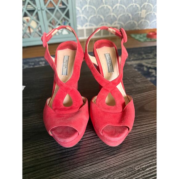 Vintage Prada Suede Red/Orange Wedges Sz. 36.5 - Picture 1 of 9